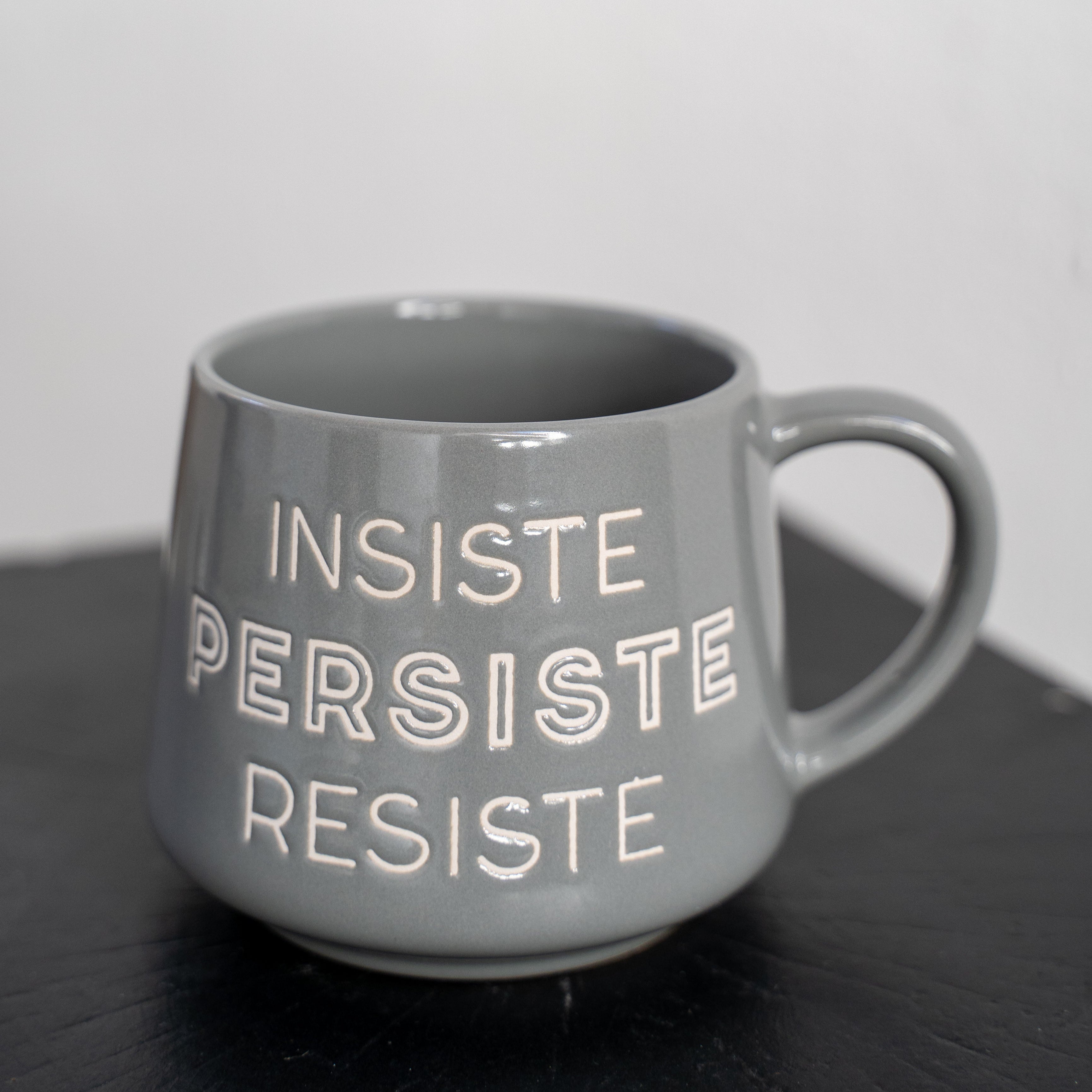 Taza Gris de Insister, Persiste y Resiste